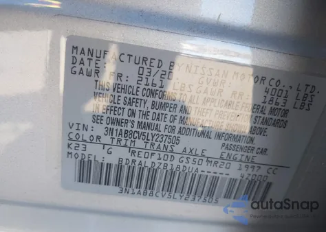 2020 Nissan Sentra Sv Xtronic Cvt из США, поврежденный, VIN 3N1AB8CV5LY237505